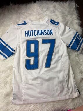 Detroit Lions #97 Hutchinson White & Blue Jersey